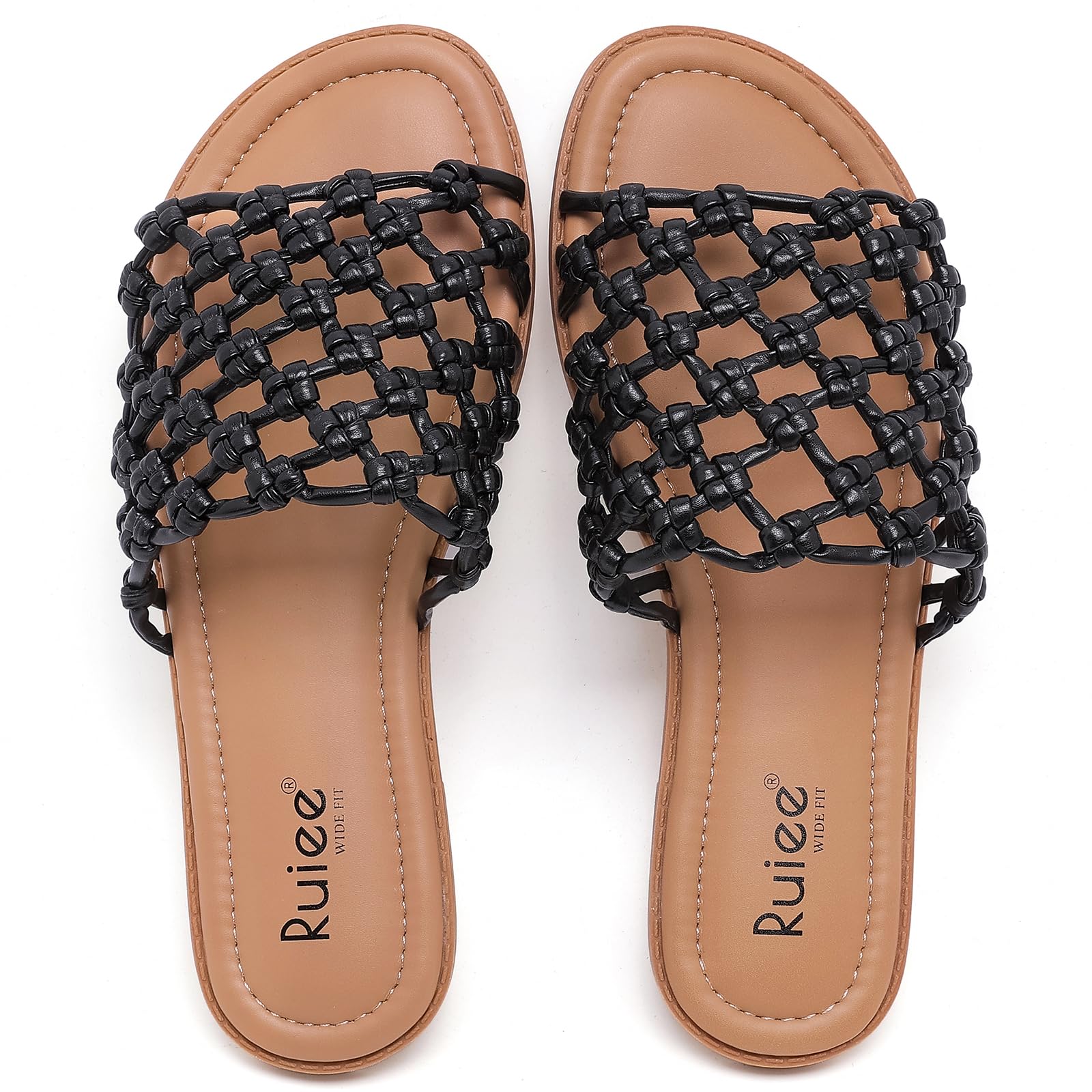 Ruiee Wide Width Sandals for Women, Summer Slide Sandal Casual Wide Feet Flat Slides Comfort Braided Slip on Sandals Beach Shoes for Women.