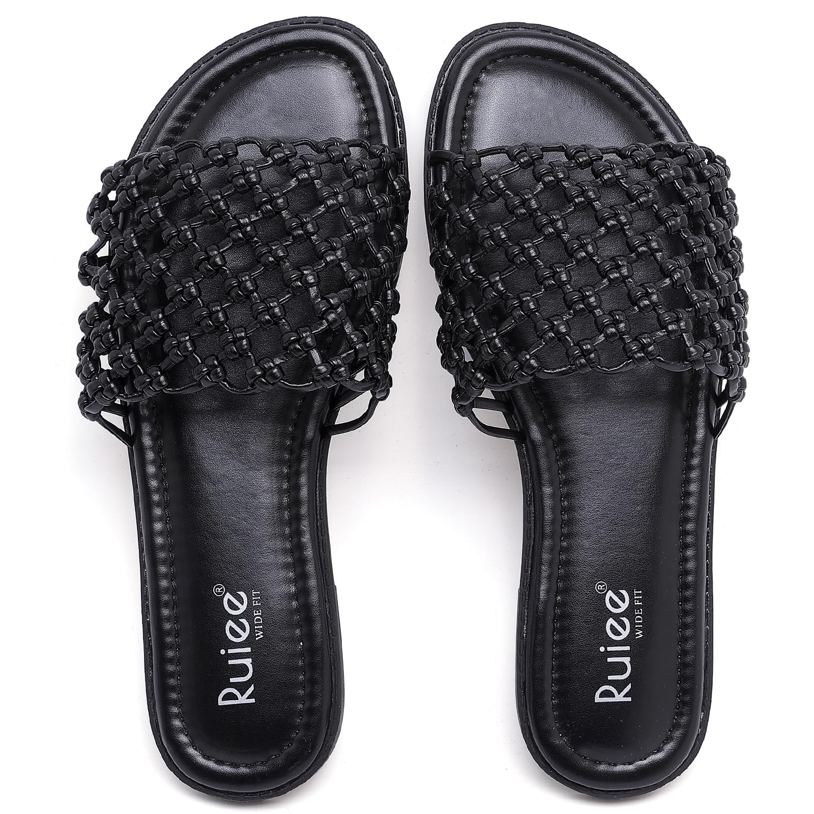 Ruiee Wide Width Sandals for Women, Summer Slide Sandal Casual Wide Feet Flat Slides Comfort Braided Slip on Sandals Beach Shoes for Women.