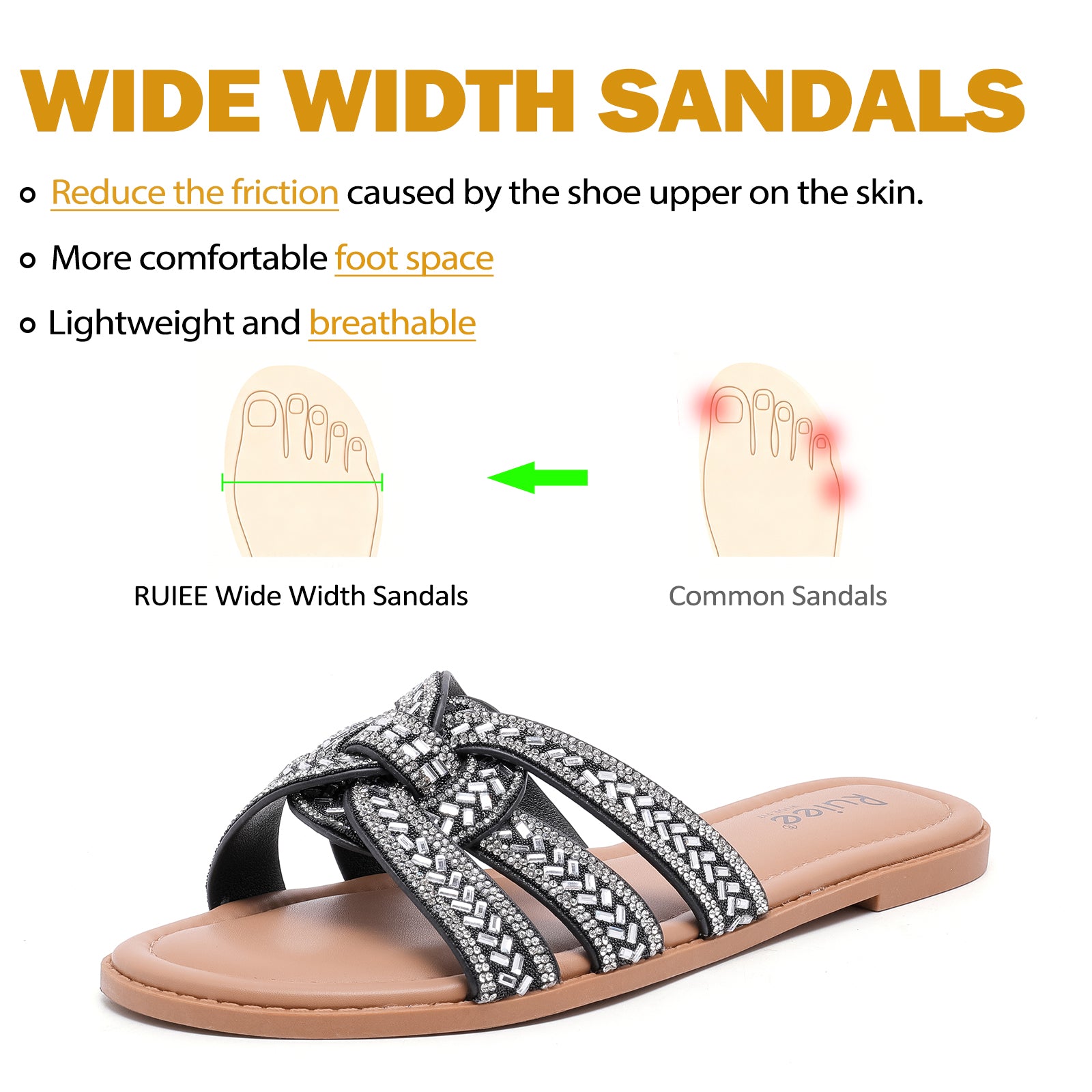 Ruiee Wide Width Sandals for Women, Fashion Slide Sandal Diamond Sparkly Bling Casual Dressy Flat Slides Comfort Bride Wedding Summer Slip on Wide Feet Womens Sandals.