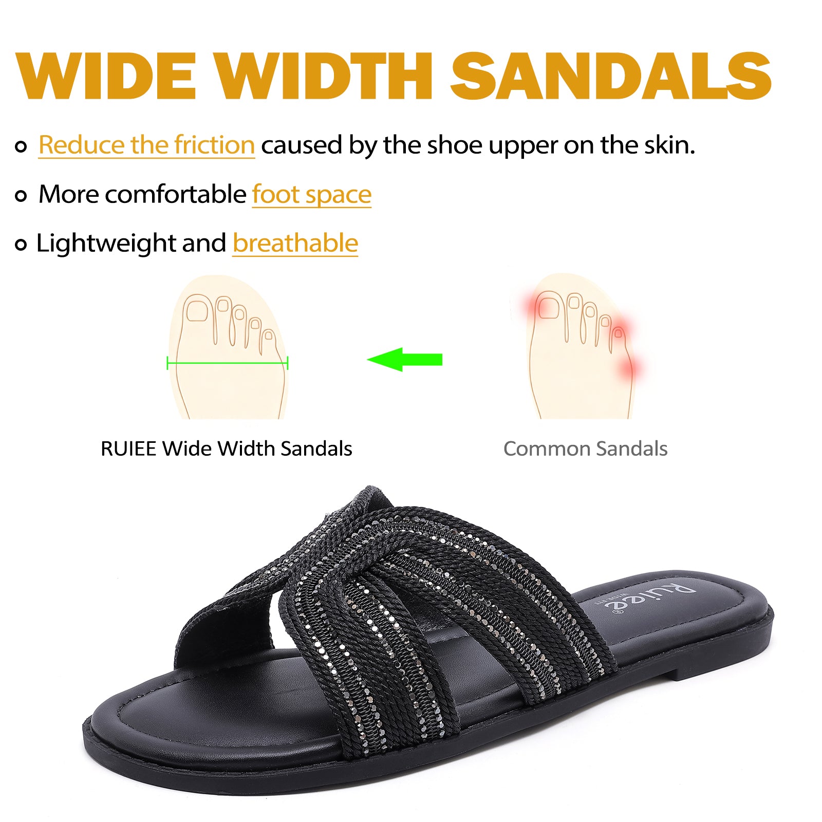 Ruiee Wide Width Sandals for Women, Fashion Slide Sandal Casual Sparkly Bling Dressy Flat Slides Comfort Bride Wedding Summer Slip on Wide Feet Womens Sandals.