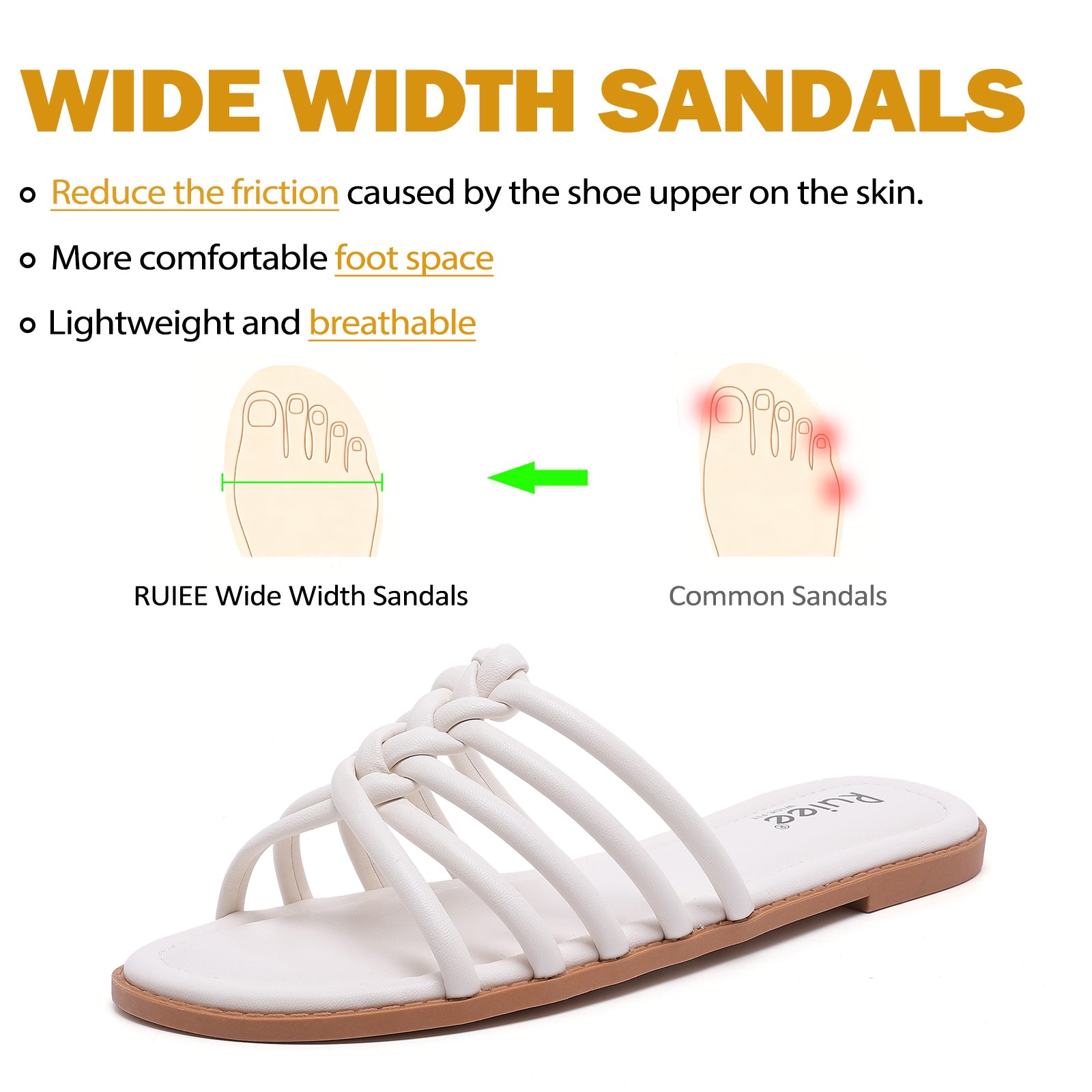 Ruiee Wide Width Sandals for Women, Summer Slide Sandals Casual Flat Wide Feet Slides Comfort Braided Slip on Sandals Open Toe Beach Shoes for Women.