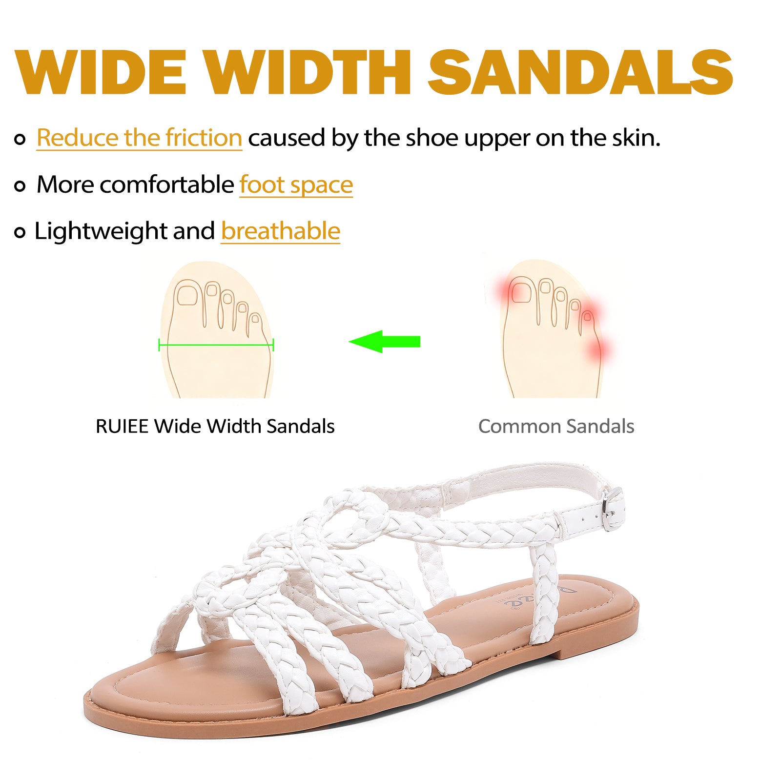 Ruiee Wide Width Sandals for Women, Summer Casual Braided Wide Feet Flat Slides Sandal Comfort Slip on Sandals Open Toe Beach Shoes for Women.