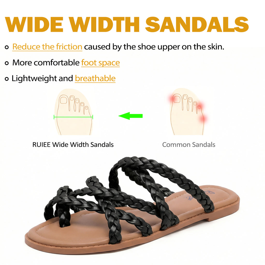 Ruiee Wide Width Sandals for Women, Summer Flip Flops Flat Slide Sandals Casual Braided Wide Feet Slides Comfort Slip on Thong Womens Sandal.