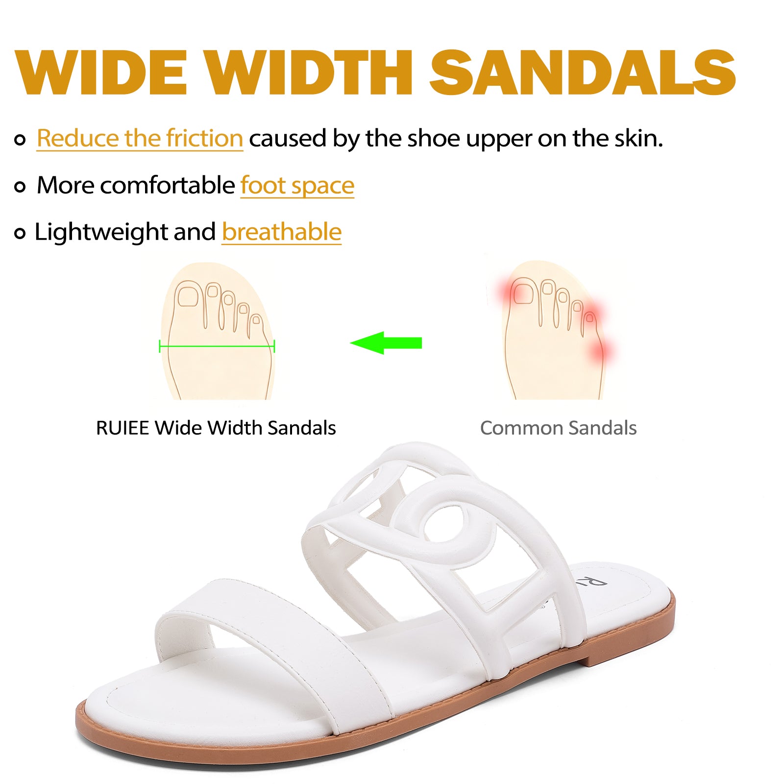 Ruiee Wide Width Sandals for Women, Summer Slide Sandals Casual Wide Feet Slides Comfort Strap Slip on Sandals Open Toe Beach Womens Sandal.