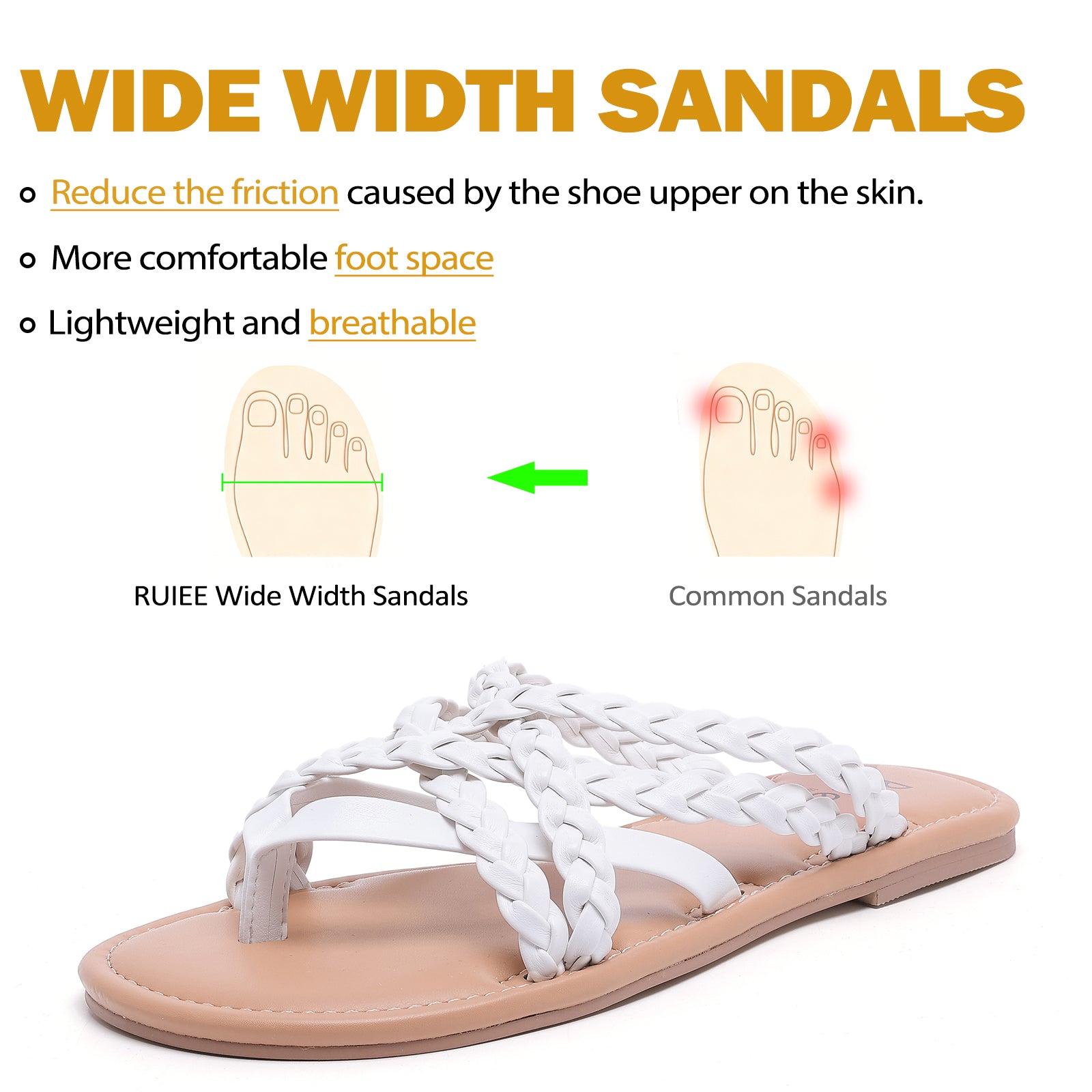 Ruiee Wide Width Sandals for Women, Summer Flip Flops Flat Slide Sandals Casual Braided Wide Feet Comfort Slip on Beach Slides for Women.