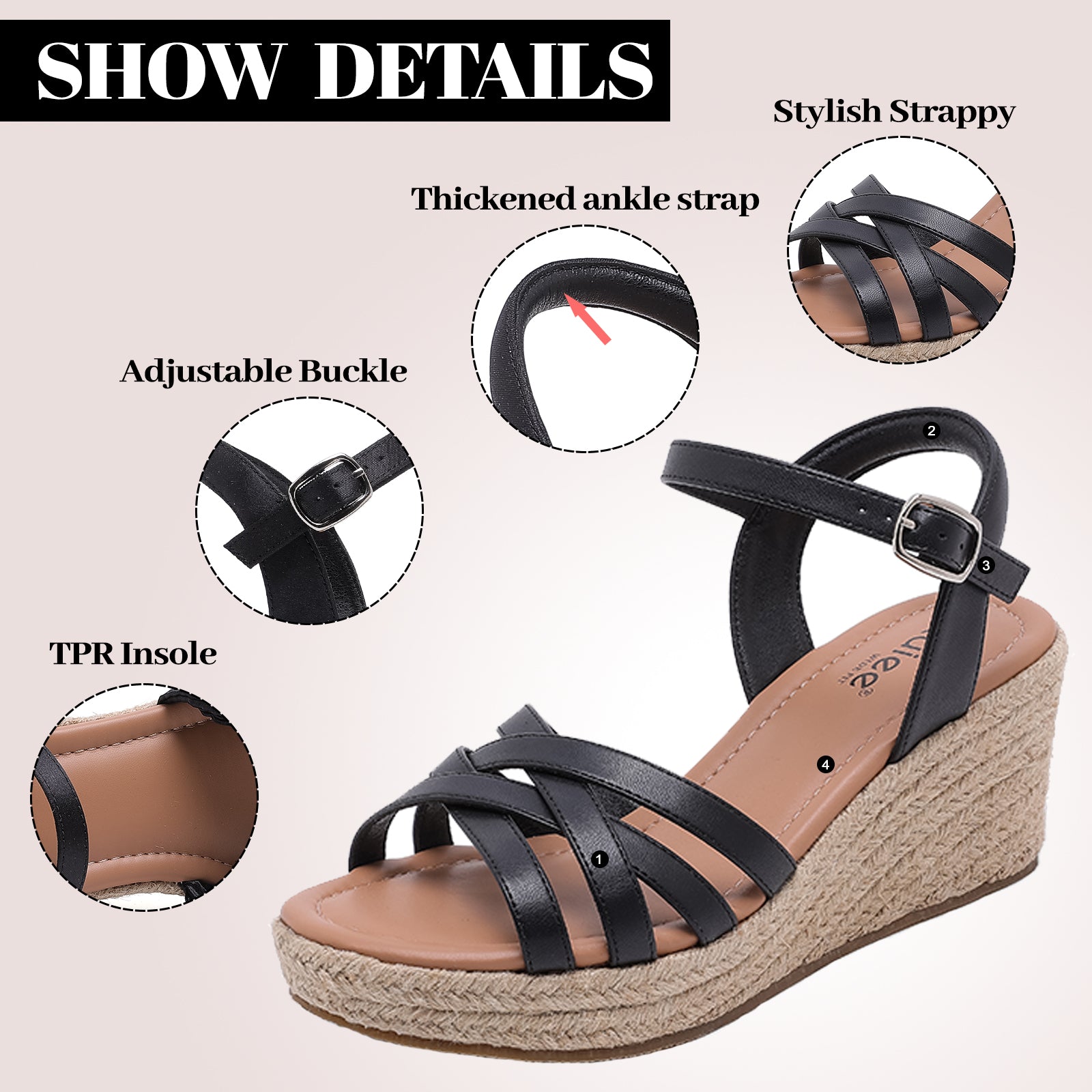 Ruiee Wide Width Wedge Sandals for Women, Comfortable Ankle Strap Open Toe Summer Shoes Platform Espadrille Wedge Casual Womens Sandals.