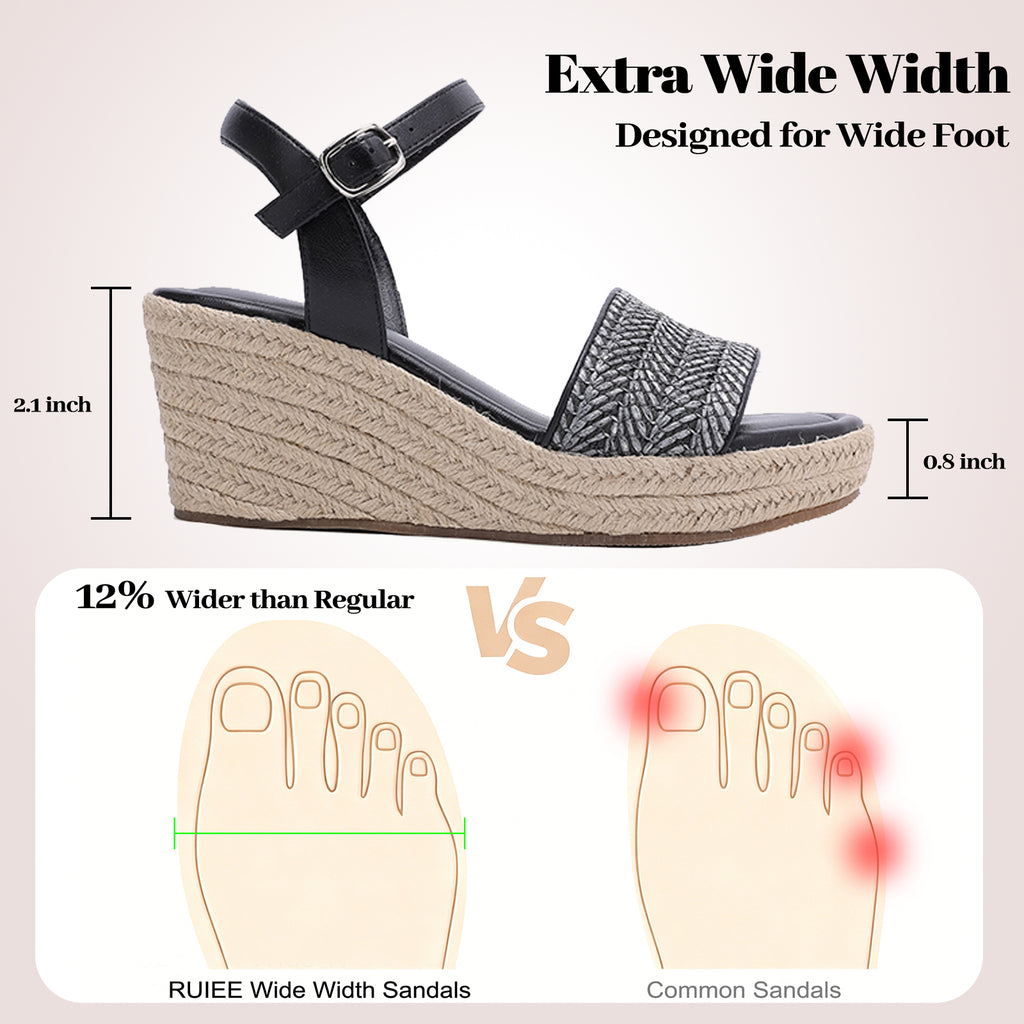 Ruiee Wide Width Wedge Sandals for Women, Ankle Strap Cute Round Toe Summer Raffia Shoes Platform Espadrille Wedge Dressy Women Sandals.