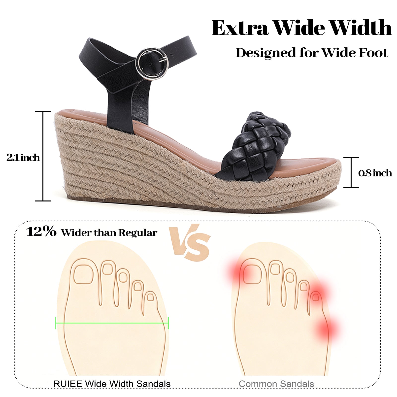 Ruiee Wide Width Wedge Sandals for Women, Braided Ankle Strap Buckle Open Toe Summer Shoes Platform Espadrille Wedge Beach Women Sandals.