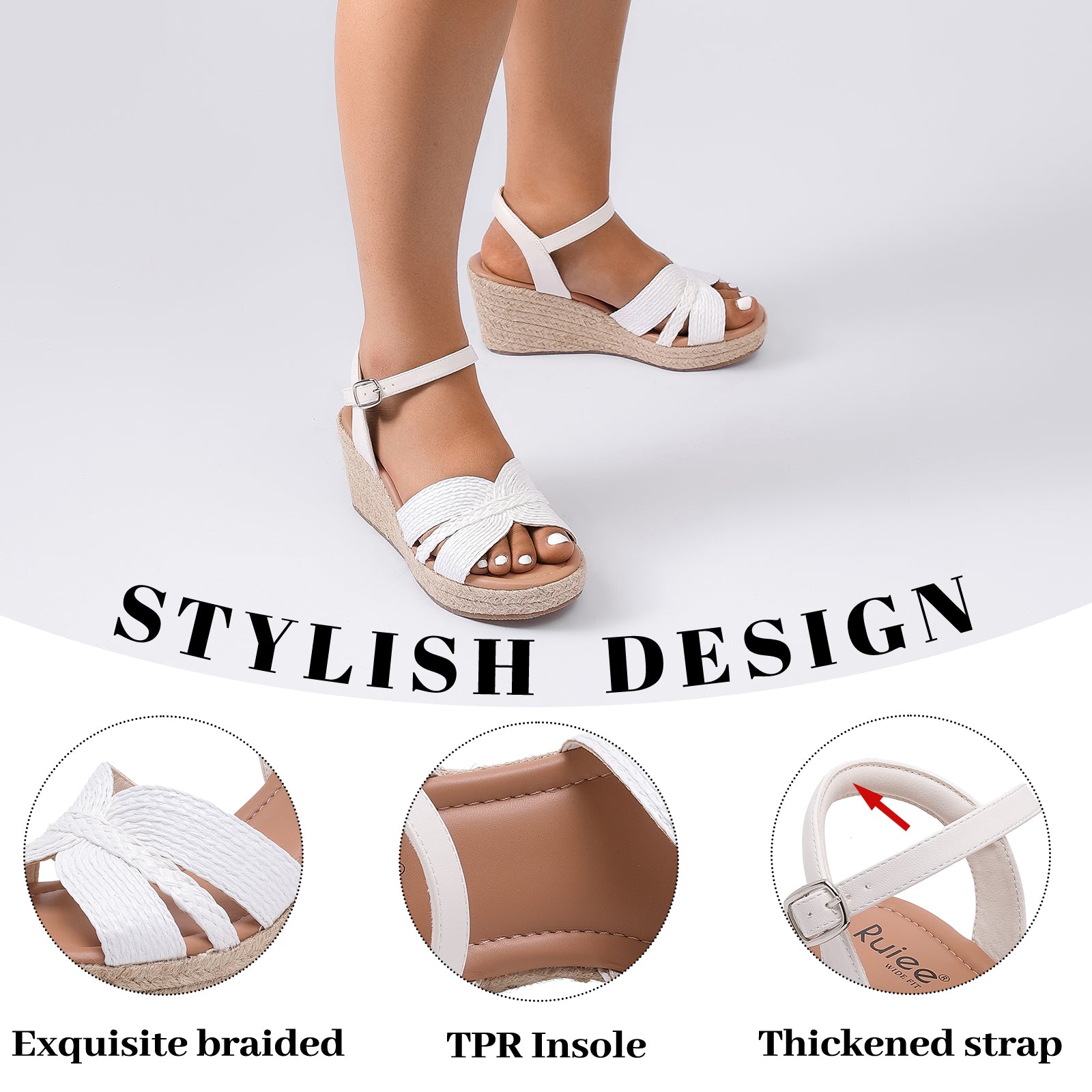Ruiee Wide Width Wedge Sandals for Women, Ankle Strap Cute Round Toe Summer Shoes Platform Espadrille Wedge Dressy Womens Sandals.