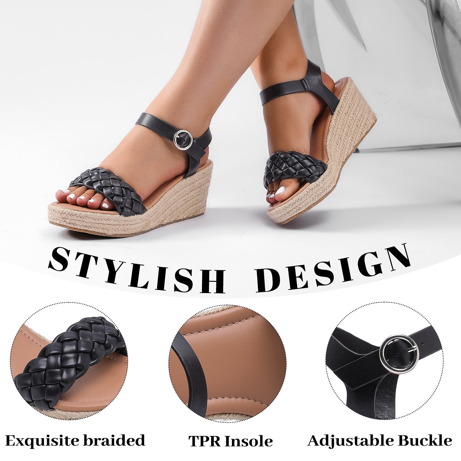 Ruiee Wide Width Wedge Sandals for Women, Braided Ankle Strap Buckle Open Toe Summer Shoes Platform Espadrille Wedge Beach Women Sandals.