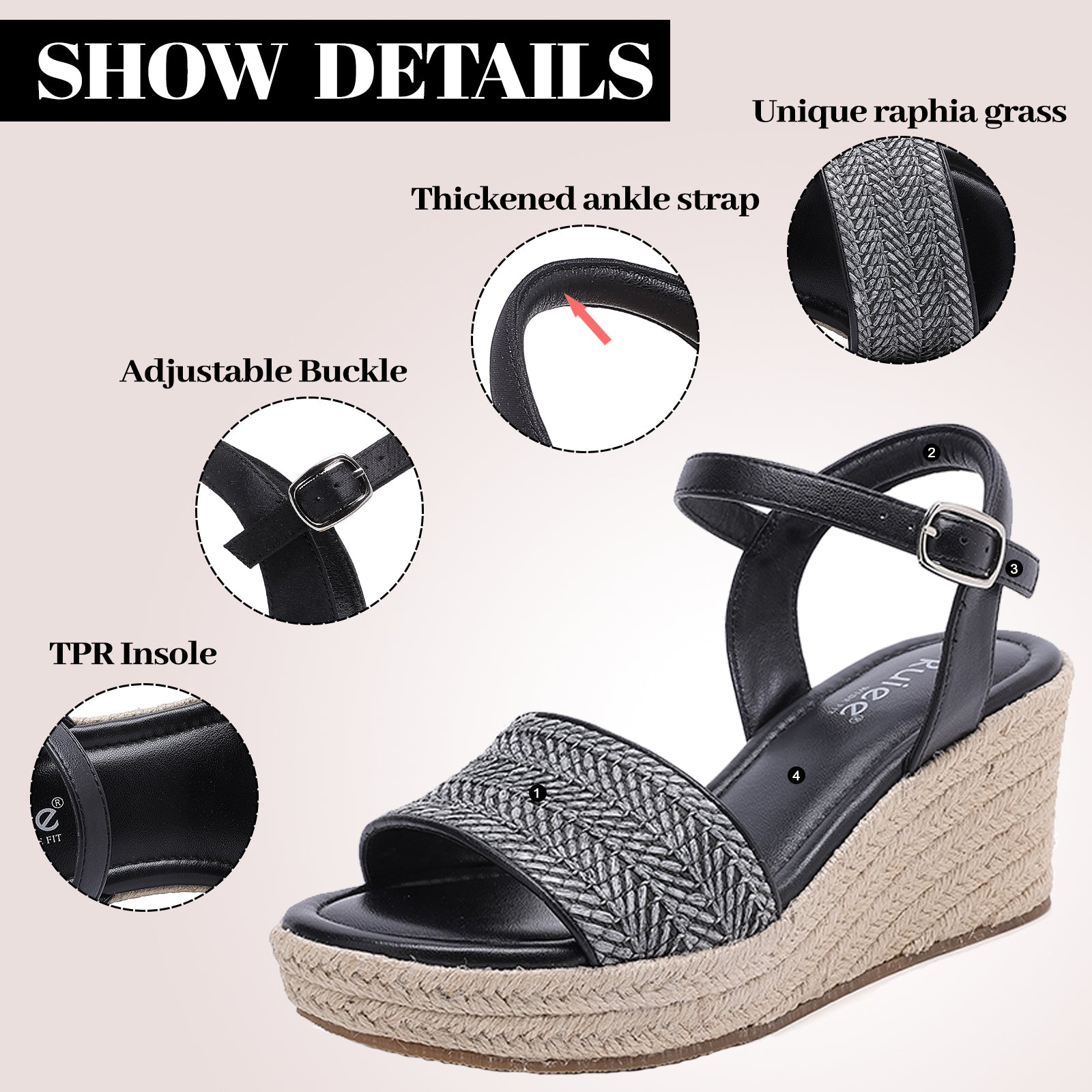 Ruiee Wide Width Wedge Sandals for Women, Ankle Strap Cute Round Toe Summer Raffia Shoes Platform Espadrille Wedge Dressy Women Sandals.