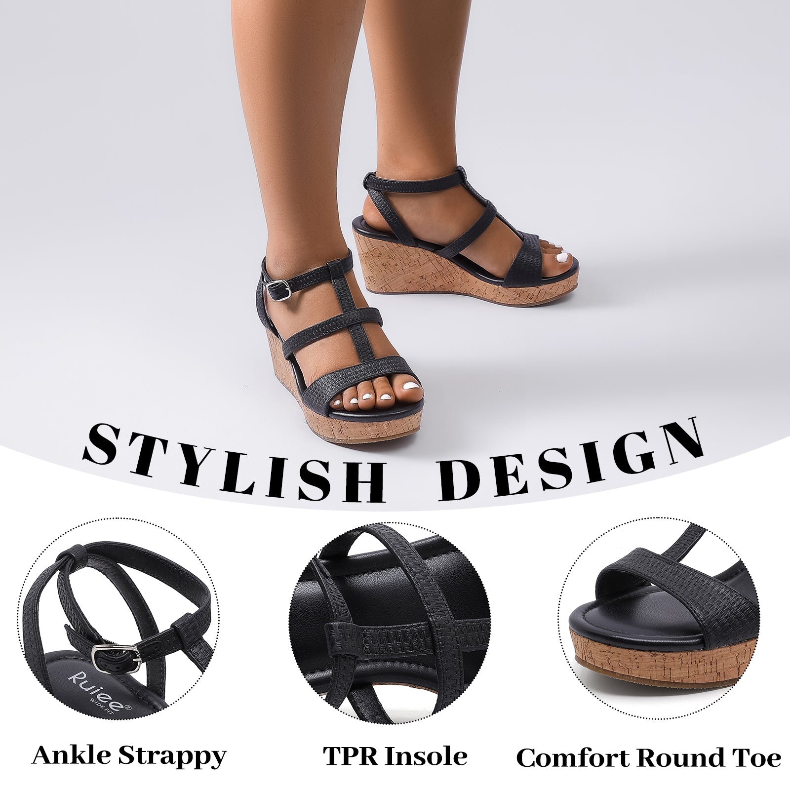 Ruiee Wide Width Wedge Sandals for Women, Comfortable Ankle Strap Open Toe Summer Shoes Platform Wedge Dressy Women Sandals.