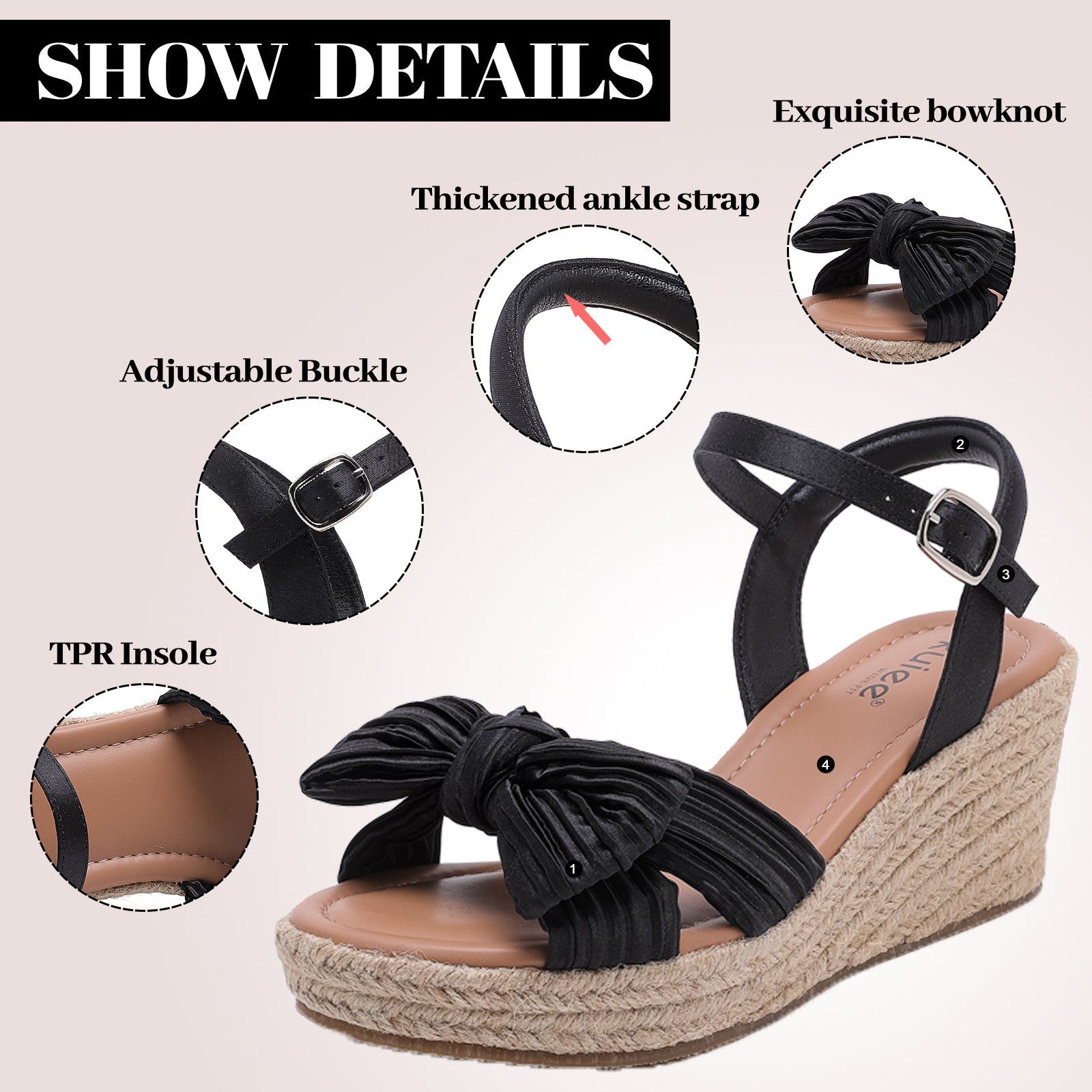 Ruiee Wide Width Wedge Sandals for Women, Ankle Strap Cute Bowknot Open Toe Summer Shoes Platform Espadrille Wedge Dressy Women Sandals.