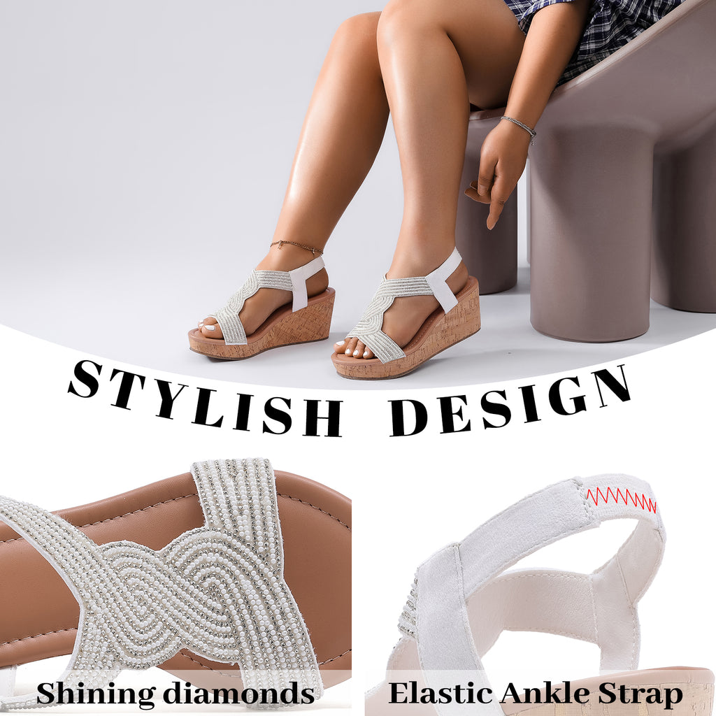 Ruiee Wide Width Wedge Sandals for Women, Ankle Strap Sparkly Rhinestone Open Toe Summer Dressy Shoes Platform Wedding Prom Women Sandals.