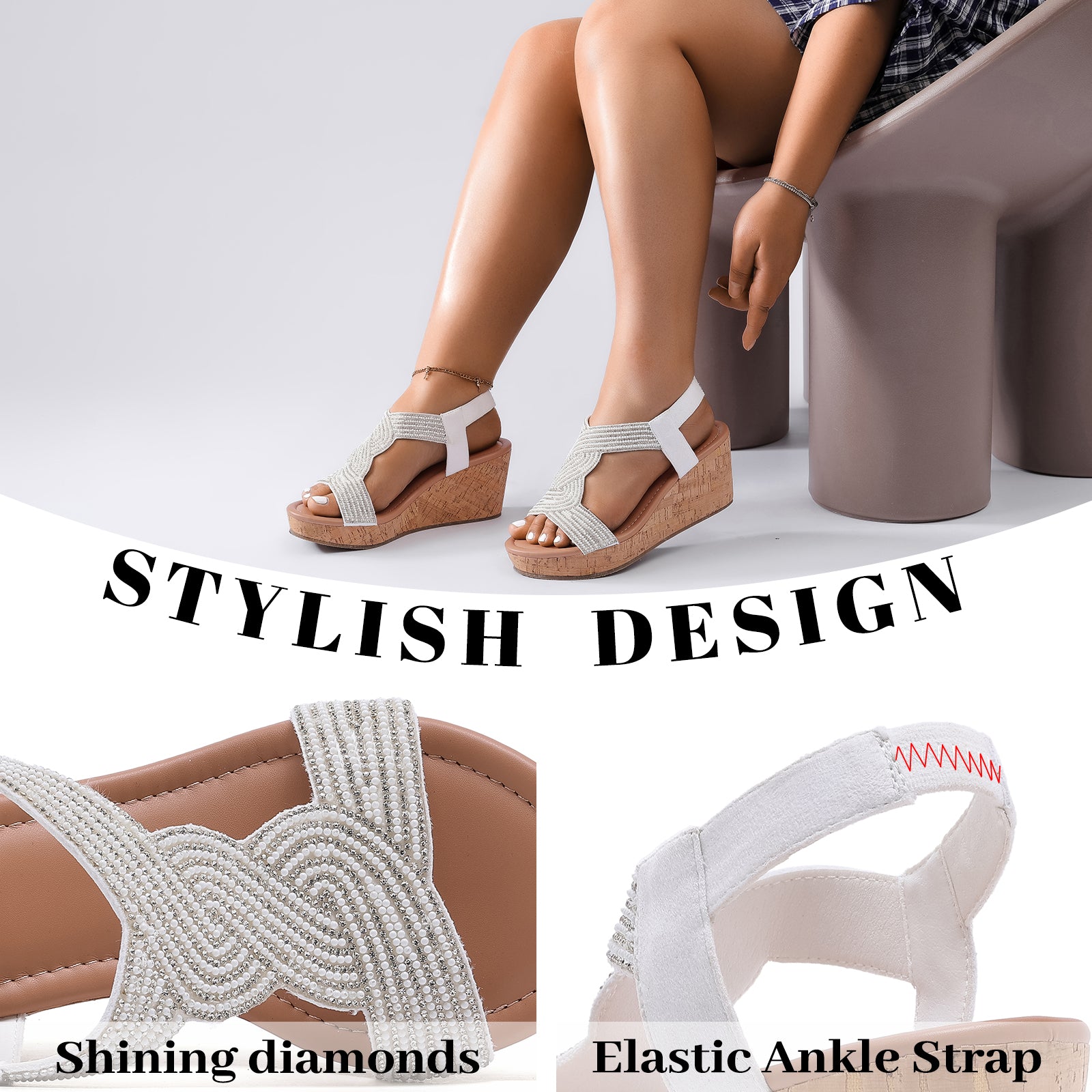 Ruiee Wide Width Wedge Sandals for Women, Ankle Strap Sparkly Rhinestone Open Toe Summer Dressy Shoes Platform Wedding Prom Women Sandals.