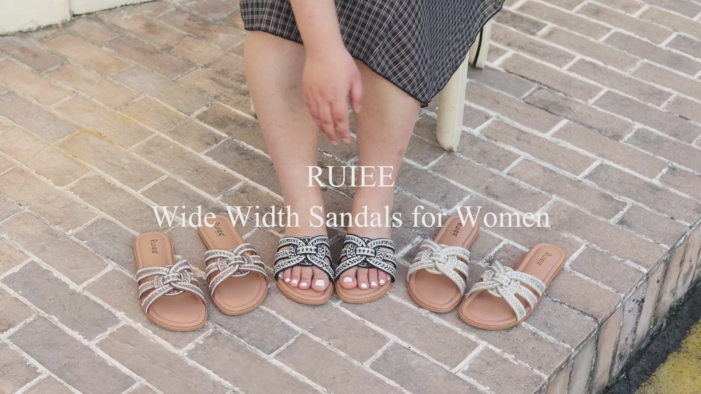 Ruiee Wide Width Sandals for Women, Fashion Slide Sandal Diamond Sparkly Bling Casual Dressy Flat Slides Comfort Bride Wedding Summer Slip on Wide Feet Womens Sandals.