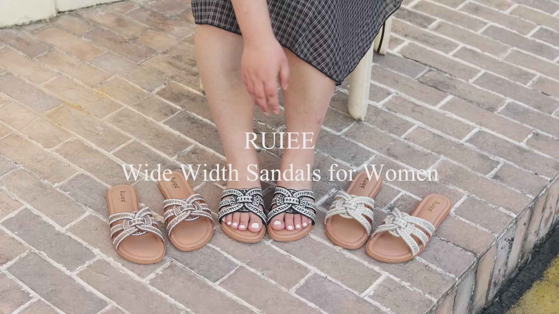 Ruiee Wide Width Sandals for Women, Fashion Slide Sandal Diamond Sparkly Bling Casual Dressy Flat Slides Comfort Bride Wedding Summer Slip on Wide Feet Womens Sandals.